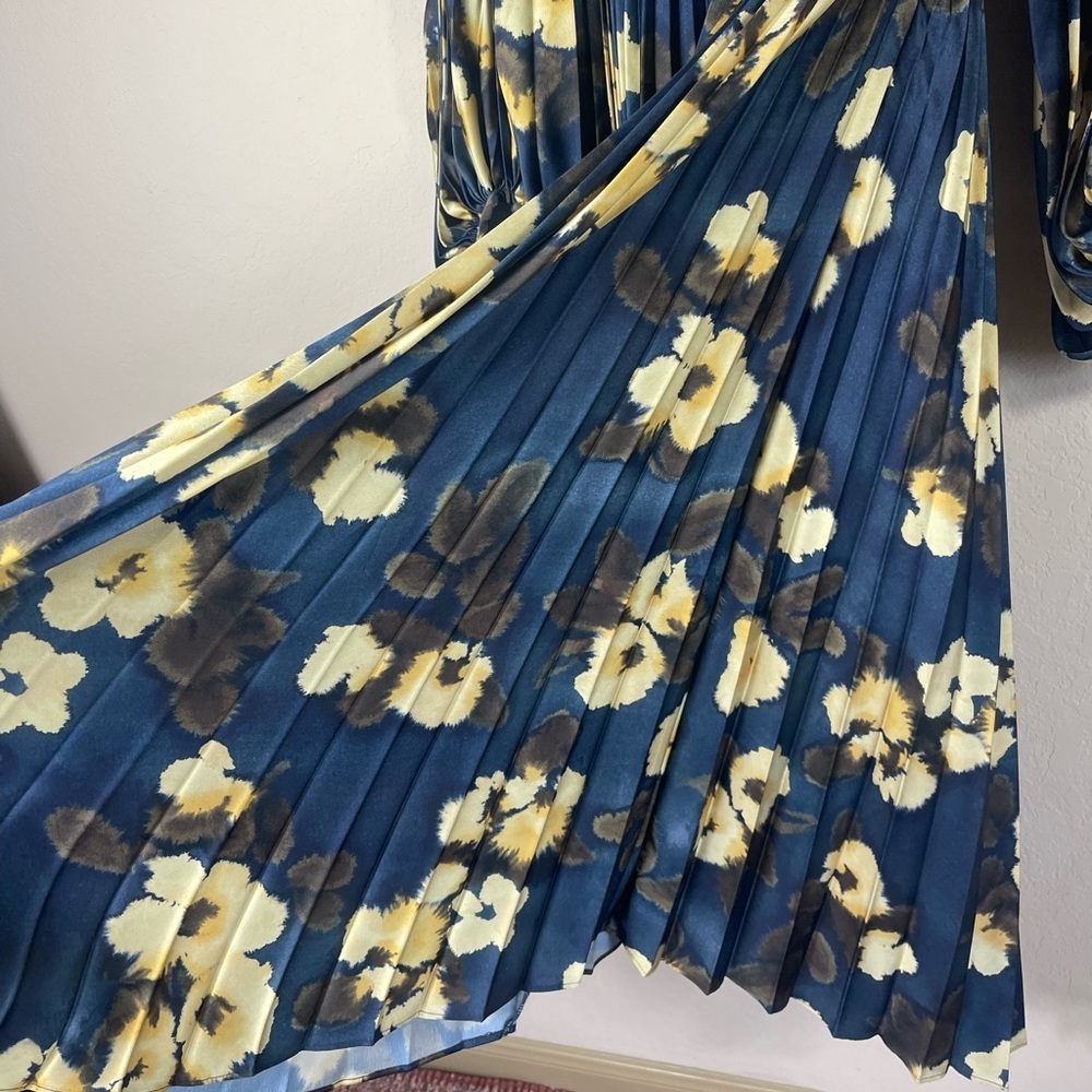 Acler Palms Pleated Long Sleeve Midi Dress Navy Floral Size 2 - Picture 9 of 15